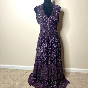 Women’s Jasper Conran Black/Purple‎ Smocked V~Neck Tiered Ruffle Maxi Dress Sz 8